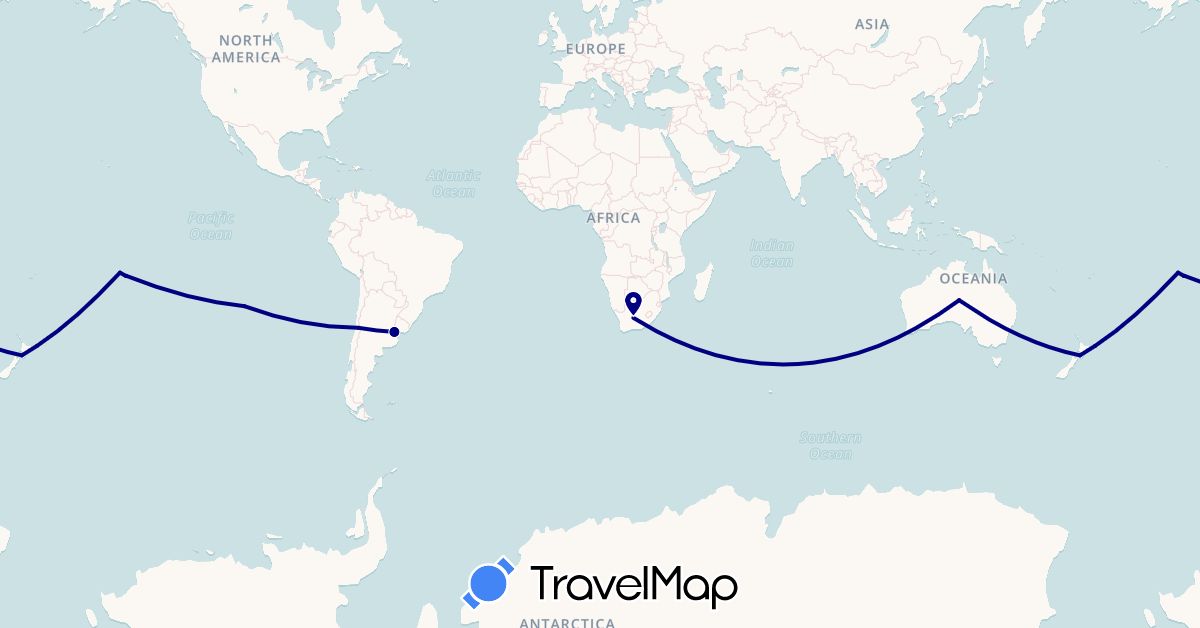 TravelMap itinerary: driving in Argentina, Australia, Chile, New Zealand, French Polynesia, South Africa (Africa, Oceania, South America)